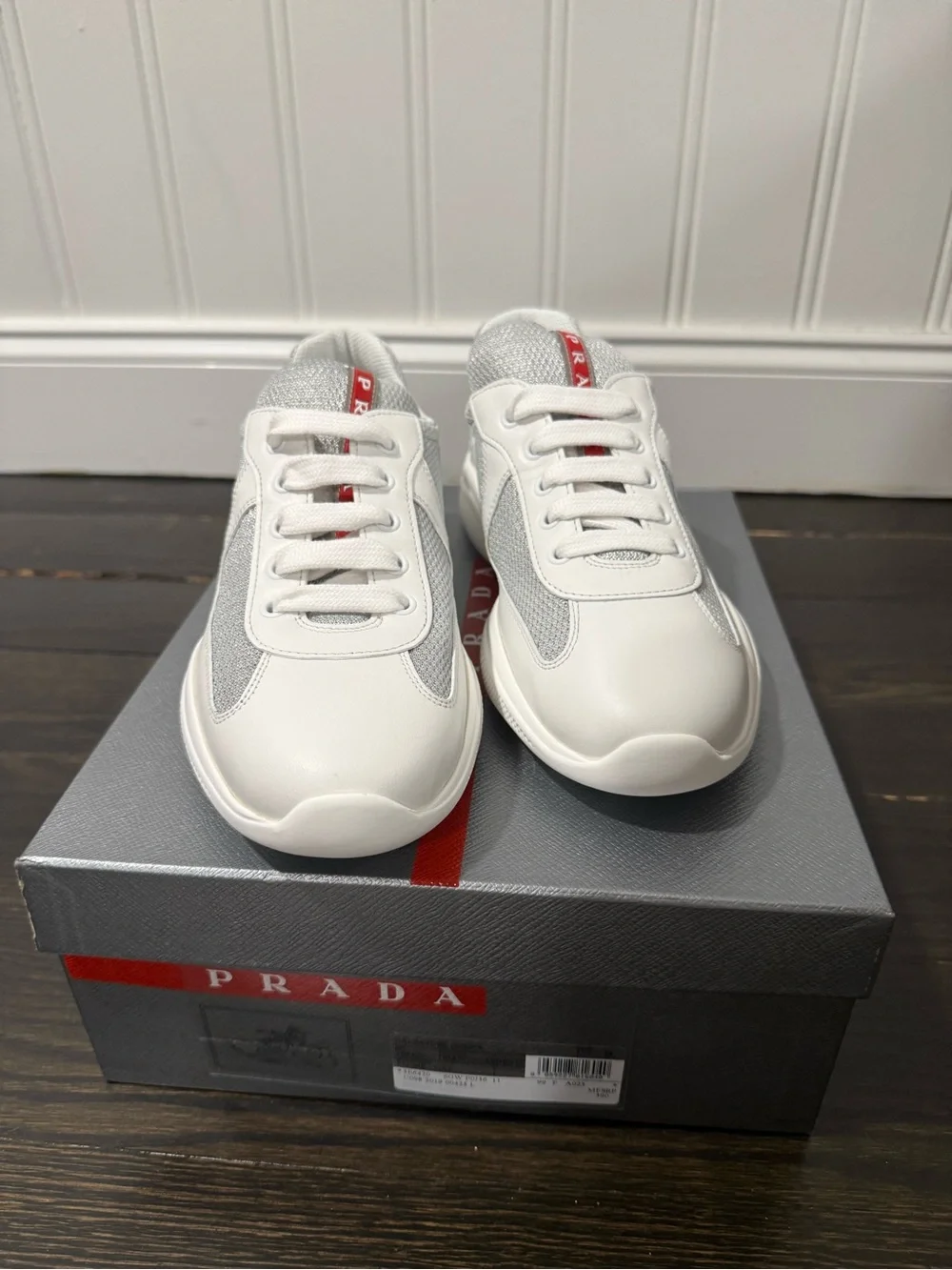 NWB Prada America’s Cup Sneakers Gray and White Leather & Mesh Sneakers EU 39
